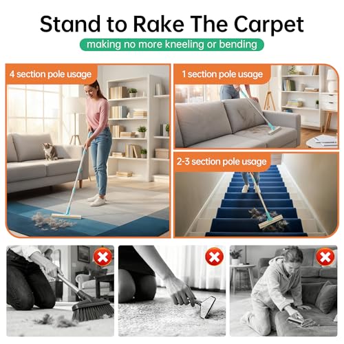 Carpet Rake for Pet Hair Removal Tool, 2 in 1 TPU and Copper Rake Teeth Uproot Clean Hair Remover with 63’’ Adjustable Long Handle,Cat & Dog for Carpets,Rugs, Mats (63’’ Long Handle+1 Short Handle) - view 3