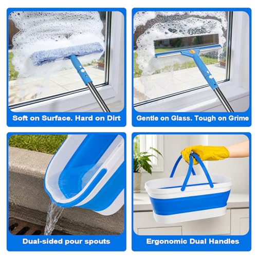 Window Cleaning Kit, Window Washing Kit with 3 Gallon Collapsible Bucket, 14-Inch Squeegee & 15-Inch Scrubber, 76-Inch Extendable Pole, Window Washing Equipment for Home & Commercial (76 inch) - view 5