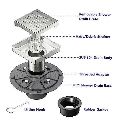 4-Inch Brushed Square Shower Drain with Quadrato Pattern Grate - view 2