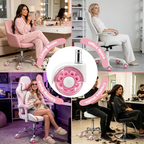 Pink Office Chair Wheels with Seamless One-Piece Nylon Cover, 2 Inch Rubber Gaming Wheels Replacement, Smooth Rolling for Hardwood Carpet Tile Floors, 11 * 22mm Universal fit - view 5