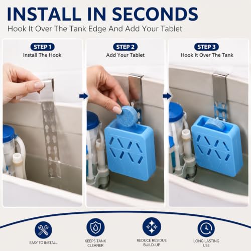 2 PCS Adjustable Toilet Tank Tablet Holder with Cleaning Brush, Toilet Bowl Cleaner Holder, Hanging Silicone Bleach Tablet Caddy Bracket, Helps Reduce Residue & Flapper Contact(Blue) - view 6