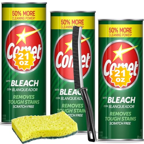 Cleaning Bundle – Includes Comet Powder Cleanser with Bleach (3 × 21 oz) + Heavy Duty Scrub Sponge & Crevice Cleaning Brush – Kitchen & Bathroom Multi Surface Cleaning Kit