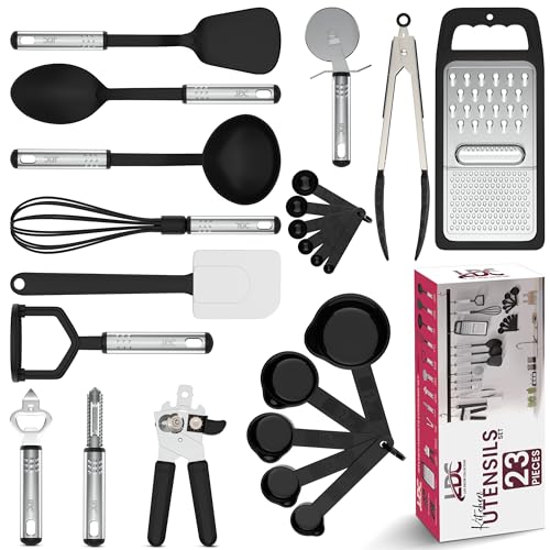 LDC Cooking Utensils Set BPA Free, Food Grade - Heat Resistant Non-Stick Cooking Set with Stainless Steel Handles, Kitchen Essential Tools and Gadgets, 23 Piece - Black