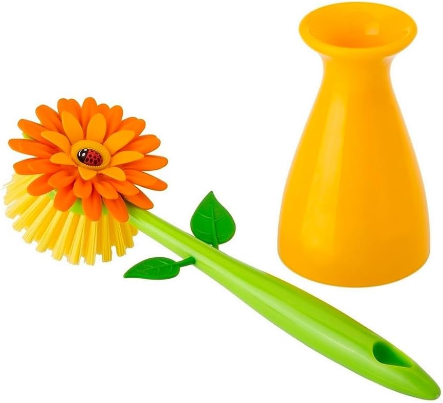 Flower Power Dish Brush with Handle and Vase Holder - Orange | Dish Scrub Brush for Dishes, Kitchen Scrub Brush, Sink Cleaning Brush, Pot Scrubber, Dishwashing Brush - view 2