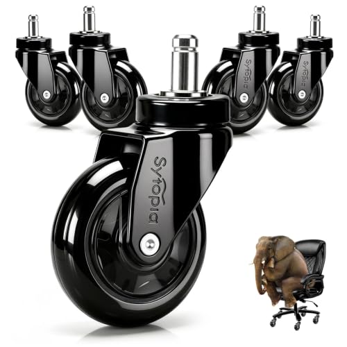 Office Chair Wheels Replacement 3 Inch, Heavy Duty PU Caster Wheels for Hardwood Floor & Carpet, Smooth Quiet Rolling, Hair-Proof, Universal 11mm Stem Fit Most Chairs, Not for 1KEA, Set of 5 (Black)