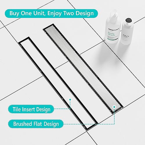 24" Brushed Linear Shower Drain,2-in-1 Flat& Tile Insert Cover - view 5