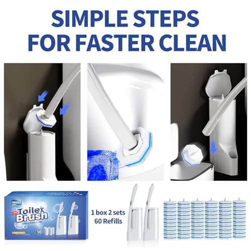 Disposable Toilet Brush Cleaning System, Two Sets of Wands and 60p Refills Pads Replacement Heads, Wall Mounted Toliet Stick Starter Kit Bathroom Maintenance, Toilet Bowl Cleaner Holder - view 4