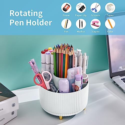 Desk Organizer, 360-Degree Rotating Pen Holder, Desk Organizers and Accessories with 5 Compartments Pencil Holder, Art Supply Storage Box Caddy for Office, Home（White） - view 3