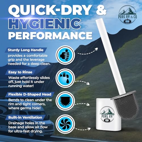 RV Tank Treatment Toilet Brush, Wall Mounted Holder & Septic Safe, Non-Scratch Silicone Flexible D-Head with Durable Long Handle for RVs,Trailers & Camper Bathrooms - view 2