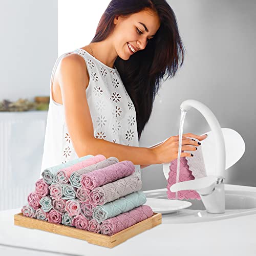 11Pack Kitchen Dish Cloths, Reusable Dish Towels, Nonstick Oil Washable Fast Drying, Super Absorbent Coral Velvet Cleaning Cloths for Mom from Daughter Son(Green-grey10 x 6") - view 4