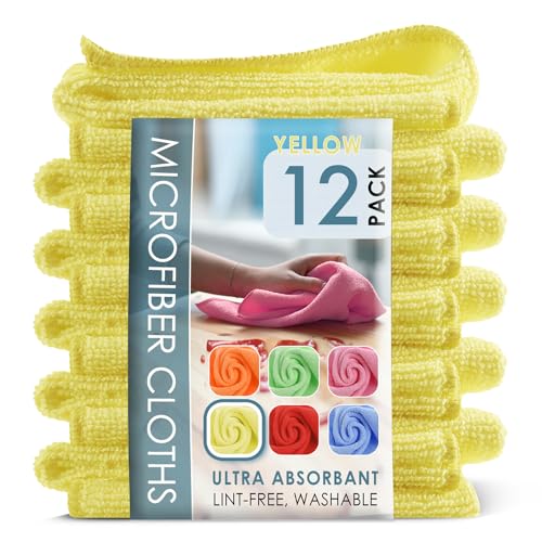 Microfiber Cleaning Cloth Set - 12 Pack Yellow Washcloths, 12''x12'' Reusable Towels for Cars, Lint-Free Rags (V-HH-Cloth-M-12-Ylw)