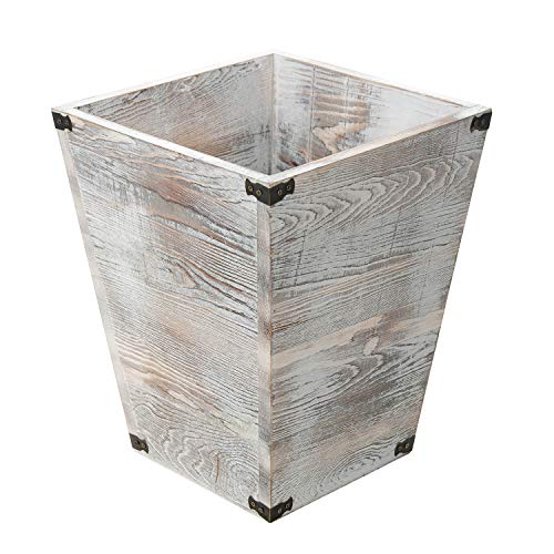 Rustic Whitewashed Torched Wood Square Waste Basket Recycle Bin Trash Can Decorative Metal Brackets Whitewashed Wooden Garbage Container Ash Holder Bedroom Living Room Home Office