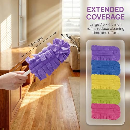 Reusable Duster Refills, 360° Thick Velvet Electrostatic Pads, Washable & Waterproof, 5-Pack (5 Colors), for Blinds, Furniture, Ceiling Fans, Car & Kitchen (Includes 1 Handle) - view 3