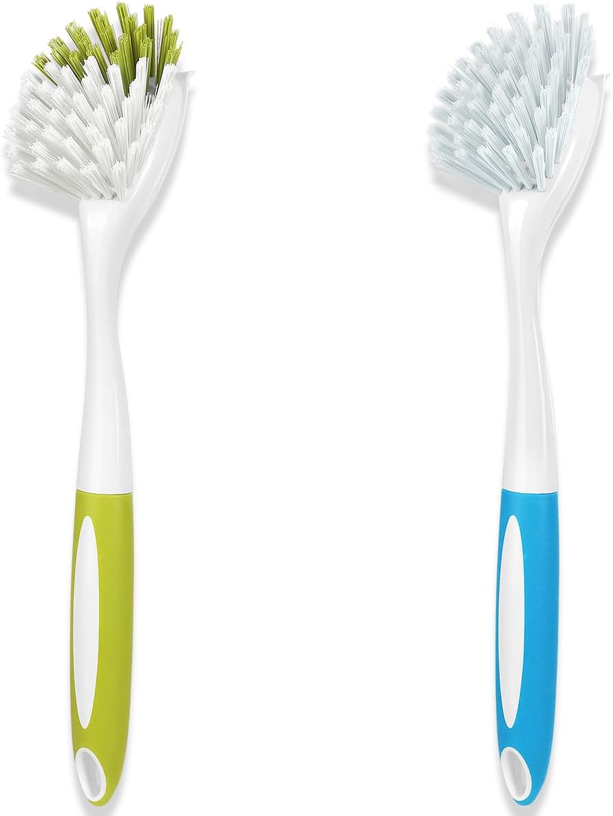 Dish brush with firm & stiff bristles for kitchen scrubbing, 2-pack, dish scrubber for pots pans sink cleaning, long comfortable grip, durable build for long-lasting
