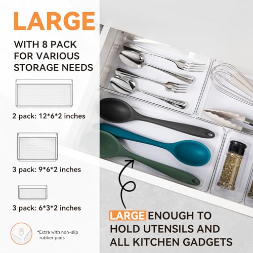 8 Pack Drawer Organizer for Kitchen Gadgets, Large Clear Plastic Drawer Divider for Kitchen Accessories, Bathroom Organizers and Storage, Home Essentials for Makeup and Vanity Accessories - view 2