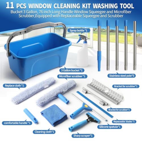 11PCS Window Cleaning Kit Washing Tool, Bucket 3 Gallon, 76 inch Long Handle Window Squeegee and Microfiber Scrubber,Equipped with Replaceable Squeegee and Scrubber for Home Business Use - view 3