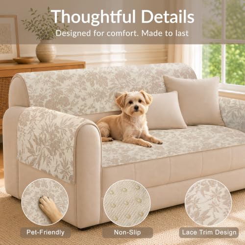 Couch Arm Covers Set of 2, Anti-Slip Armrest Covers (Beige Floral, 24"×21") - view 4