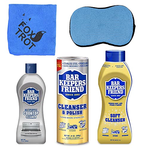 Cleanser Trio - Mega Bundle (21 Oz Cleanser and Polish Powder | 26 Oz Liquid Soft Cleanser | 13 Oz Cooktop Cleaner) Plus 1 Foxtrot Microfiber Towel and 1 Microfiber Scrubber Sponge