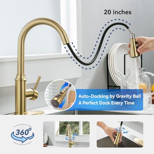 Brushed Gold Kitchen Faucet with Pull Down Sprayer, 3-Mode Sprayer - view 5
