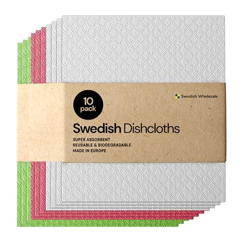 Dishcloths Reusable 8" x 7" Sponge Cloths, Bulk 10 Pack of High Absorbent Cellulose Dish & Kitchen Cleaning Hand Towels, Wring to Dry & Machine Wash, Odor Resistant, Assorted Colors