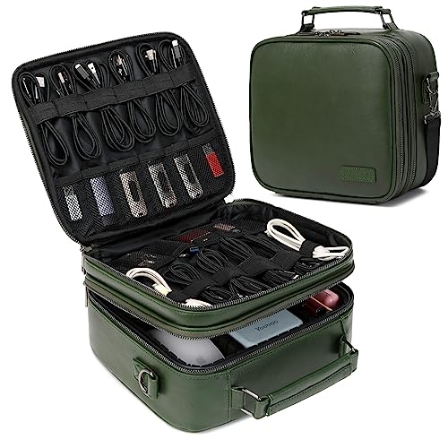 Electronics Travel Organizer, Large Electronic Accessories Cable Case with Adjustable Dividers, Waterproof Tech Storage Bag Gifts with Double Layers for Cord, Charger, Power Bank - Olive Green