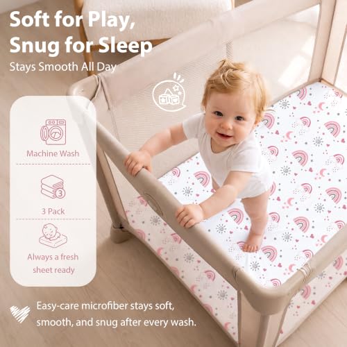 Pack and Play Sheets Fitted, Mini Crib Sheets Girl 38” x 26” 3-Pack - view 5