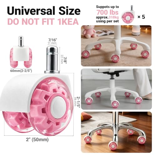 Pink Office Chair Wheels with Seamless One-Piece Nylon Cover, 2 Inch Rubber Gaming Wheels Replacement, Smooth Rolling for Hardwood Carpet Tile Floors, 11 * 22mm Universal fit - view 2