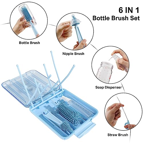 Bottle Brush Set -Baby Travel Essential-6 in 1 Bottle Cleaner Kit with Silicone Bottle Brush,Nipple Cleaner Brush,Straw Brush,Soap Dispenser,Storage Box,Bottle Drying Rack for Home and Travel(Blue) - view 3