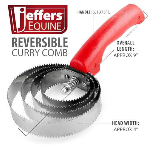 Equine Reversible Shedding Curry Comb for Horses, Dual Stainless Steel Spring Teeth, 2-Sided Grooming Brush, Spring Action Rotating Head, Deep Cleaning Coat Grooming, Plastic Grip Handle, Red - view 3
