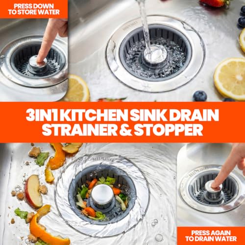 3 in 1 Kitchen Sink Drain Strainer Stopper Basket Pop Up Silver - view 2