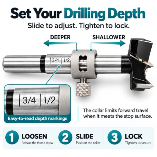 35mm Concealed Hinge Jig for Cabinet Doors, Aluminum Hinge Drilling Guide with Depth Adjustment, 3–4 Inch Edge Distance Arm, Dust Port & Toggle Clamp - view 3