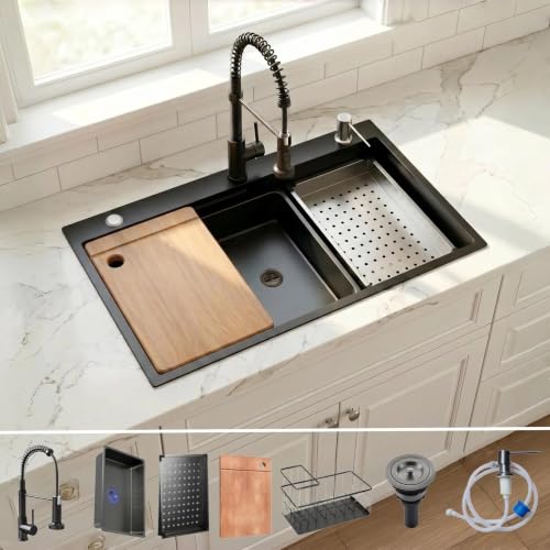 Black Stainless Steel Kitchen Sink:32in Deep Drop-in Single Bowl &16 Gauge