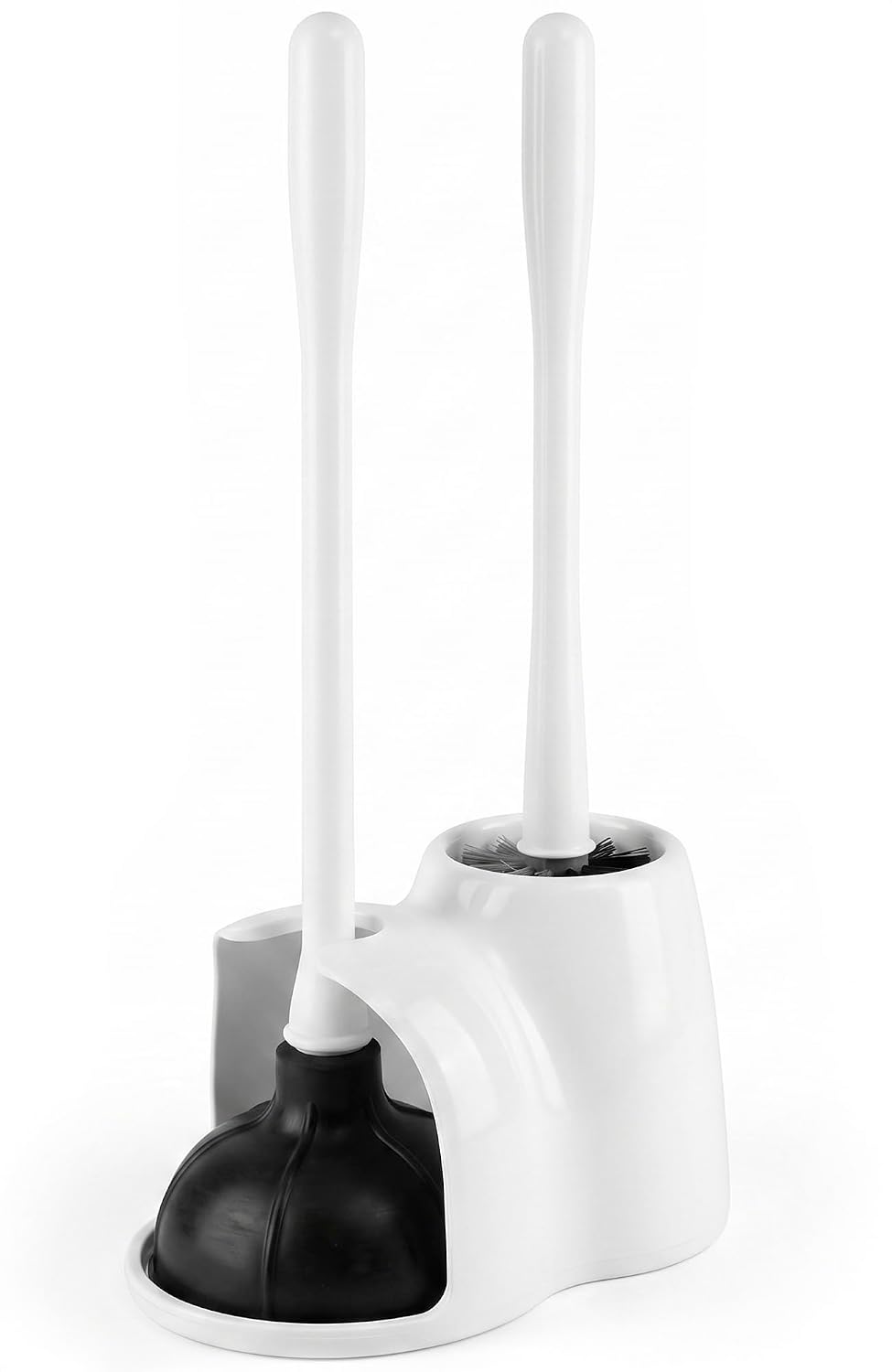 15.2" toilet brush and plunger set with holder, nylon bristles, white | Toilet bowl brush, holder and plunger, easy to place and simple to store after use, compact accessory for small spaces