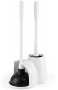 15.2" toilet brush and plunger set with holder, nylon bristles, white | Toilet bowl brush, holder and plunger, easy to place and simple to store after use, compact accessory for small spaces