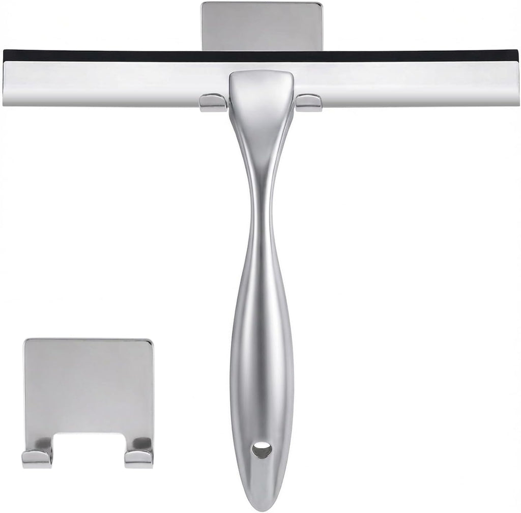 Shower Squeegee, 14-Inch Silver Squeegee, All-Purpose Stainless Steel Squeegee for Bathroom, Shower Doors, Mirrors, Tiles and Car Windows - 100% Streak Free