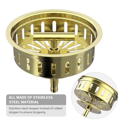 3-1/2 Inch Kitchen Sink Drain Assembly Stainless Steel Gold Kit with Strainer Basket/Rubber Stopper, Rustproof Durable Gold Finish Replacement for Standard Commercial Sink Drains - view 2