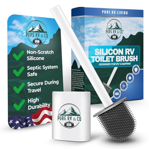 RV Tank Treatment Toilet Brush, Wall Mounted Holder & Septic Safe, Non-Scratch Silicone Flexible D-Head with Durable Long Handle for RVs,Trailers & Camper Bathrooms