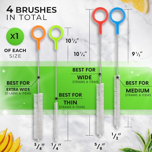Heavy Duty Cleaning Brushes Set of 4 - Extra Long Straw Cleaners for Metal and Plastic Reusable Drinking Straws, to Clean Small Spaces, Sippy Cups, Water Bottles - Sturdy Hard Brush Bristles - view 2