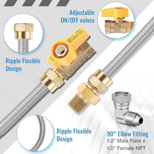 2 Pack 48 Inches Gas Hose Connector Universal Gas Appliance Hook Up Kit, with 1/2" On/Off Valve and 4 Couplings for Propane Stove Wall Mounted Heater, Flexible Connector for Propane Heater - view 6