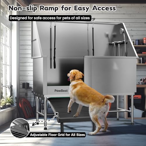Stainless Steel Dog Grooming Bath Tub with Ramp, Faucet, Hoses and Loops (62" Bathtub) - view 3