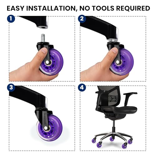 Office Chair Wheels - Set of 5 Rollerblade-Style Caster Wheels, Smooth & Quiet Rolling, Protects Hardwood Floors & Carpets, Universal Fit, Durable and Long-Lasting - Purple - view 3