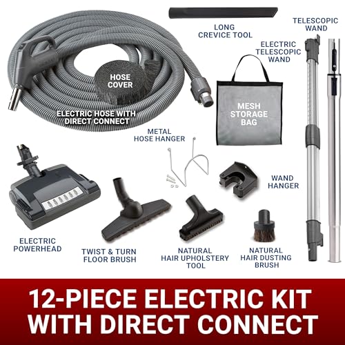 Central Vac Carpet & Bare Floor Electric Direct Connect Attachment Set for Cleaning Carpets, Hardwood Floors, Furniture & Draperies - 30FT Hose, Twist & Turn Brush, Electric Brush, Wands & Storage Bag - view 5
