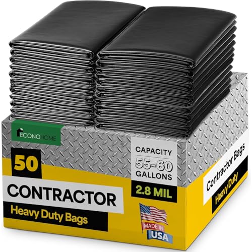 55-60 Gallon Contractor Garbage Bags - 2.8 Mil Extra Thick Heavy Duty Trash Bags for Construction, Lawn & Yard Cleanup, Demo & Commercial Use - Made in USA - Extra Large, 38x53" - 50-Count