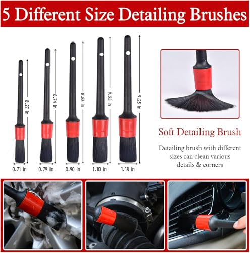 11Pcs Auto Detailing Set, Boar Hair Brushes, Steel Wire & A/C Brushes, Red, Soft Bristles, Wood Handles for Cleaning Interior, Exterior, Leather, 6 Sizes - view 3