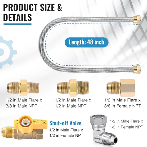 2 Pack 48 Inches Gas Hose Connector Universal Gas Appliance Hook Up Kit, with 1/2" On/Off Valve and 4 Couplings for Propane Stove Wall Mounted Heater, Flexible Connector for Propane Heater - view 2