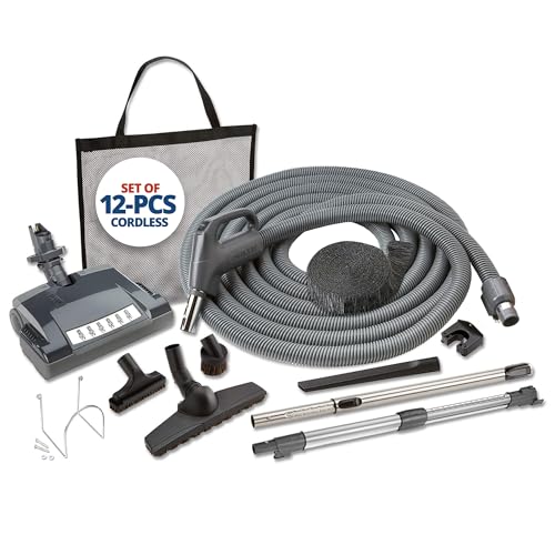 Central Vac Carpet & Bare Floor Electric Direct Connect Attachment Set for Cleaning Carpets, Hardwood Floors, Furniture & Draperies - 30FT Hose, Twist & Turn Brush, Electric Brush, Wands & Storage Bag