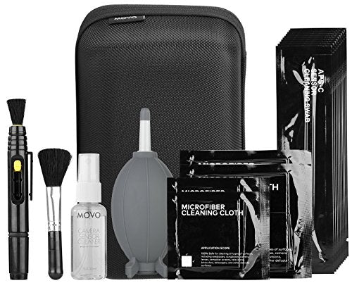 Deluxe Essentials DSLR Camera Cleaning Kit with 10 APS-C Cleaning Swabs, Sensor Cleaning Fluid, Rocket Air Blower, Lens Pen, Soft Brush, 2X Small and 2X Large Microfiber Cloths and Carrying Case