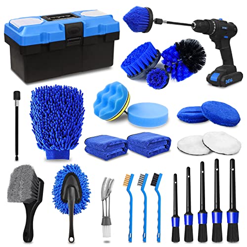 27Pcs Car Detailing Kit, Car Cleaning Kit, Car Detailing Brush Set, Drill Brush Set, Car Detailing Brushes, Car Wash Kit, Car Accessories, Car Cleaning Supplies for Interior, Exterior, Wheels