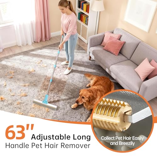 Carpet Rake for Pet Hair Removal Tool, 2 in 1 TPU and Copper Rake Teeth Uproot Clean Hair Remover with 63’’ Adjustable Long Handle,Cat & Dog for Carpets,Rugs, Mats (63’’ Long Handle+1 Short Handle) - view 2