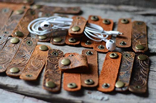 Handmade Genuine Leather Earbud Headphones Cord Wrap Organizer Straps Cable Clips Holder Rustic Headset Management System Winder Winder Brown - view 7
